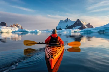 Poster lonely journey to island of ice winter kayaking in antarctica. sports, cold and glaciers in the ocean © Svetlana