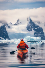 lonely journey to island of ice winter kayaking in antarctica. sports, cold and glaciers in the ocean
