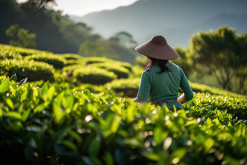 a woman picks tea on a plantation in Thailand. view from the back. agricultural work. green leaves on the field.