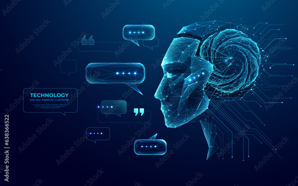 Poster Abstract head of the humanoid robot android with talk bubble speech in futuristic low poly wireframe style. Close-up side view of asexual bot or cyborg. Chatbot and Artificial intelligence concept.