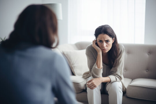 Sad woman talking to the therapist, receiving counselling with hers mental health issues.