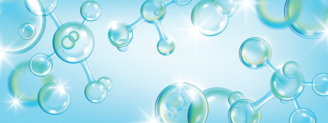 3D molecule oxygen background, vector skin care cosmetic bubble banner, chemistry formula cell. Blue glass sphere chemical biotechnology structure, atom DNA element. Collagen molecule medical concept