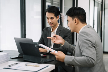 Businessman, administrator, financial audit and secretary making reports, calculating balance. Income audit service within audit concept.