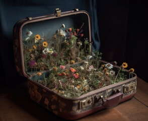 Open old vintage suitcase with wildflowers inside.