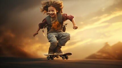 Happy joyful child riding a skateboard, close-up.