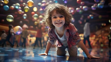 A happy joyful child is playing among balloons.
