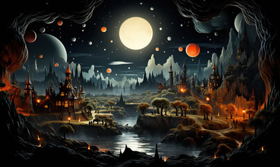 Galactic fantasy landscape. Cityscape of an alien planet.