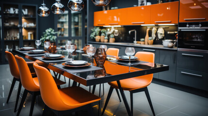 A large table for 8 people with bright orange chairs against the backdrop of a glossy kitchen.