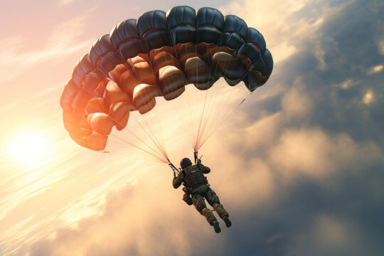Skydivers free-fall, parachute at sunset; thrilling active sport of parachuting..