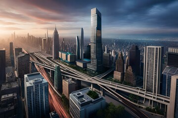 Fototapeta na wymiar a futuristic cityscape illustration with flying cars and advanced architecture.