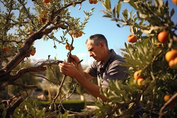 Sunny day: gardener pruning fruit trees. Photo generative AI - obrazy, fototapety, plakaty
