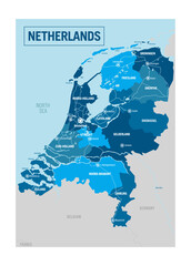 Netherlands, Holland country political map. Detailed vector illustration with isolated provinces, departments, regions, counties, cities and states easy to ungroup.