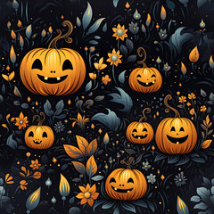 seamless texture ornament for background of festive Halloween greeting card with a group of scary pumpkins at night