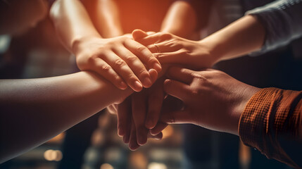  Panoramic Teamwork,empathy,partnership and Social connection in business join hand together concept. Generative AI