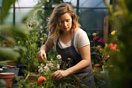 Woman tending garden, trimming plants. Photo generative AI