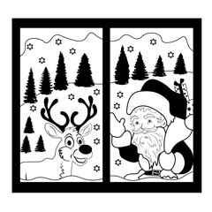 Santa Claus and Reindeer in the window, Hand Drawn Vector Illustration