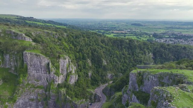 Cheddar Gorge and Caves from a drone, Cheddar, Somerset, England, Europe