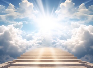Stairway and clouds in blue sky with heavenly light, 3d render steps concept freedom of spirit, love, religious symbol paradise Generative ai