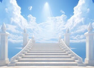 Marble staircase and clouds in blue sky with heavenly light, 3d render white steps concept freedom of spirit, love, religious symbol paradise Generative ai