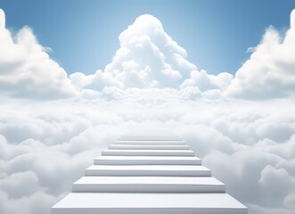 Stairway through the clouds heaven in blue sky, 3d render white stair over clouds concept freedom of spirit, love, religious symbol of paradise Generative ai
