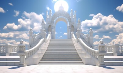 Marble staircase and arch on background clouds in blue sky, 3d render white steps concept freedom of spirit, love, religious symbol paradise Generative ai
