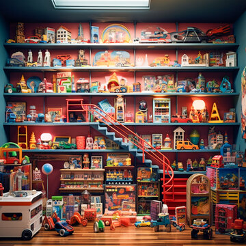 Colorful Toy Store Shelves Brimming with Assorted Playthings