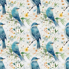 Seamless psttern with blue birds on a flowering branches. Spring watercolor illustration for fabrics, wrapping paper, scrapbooking