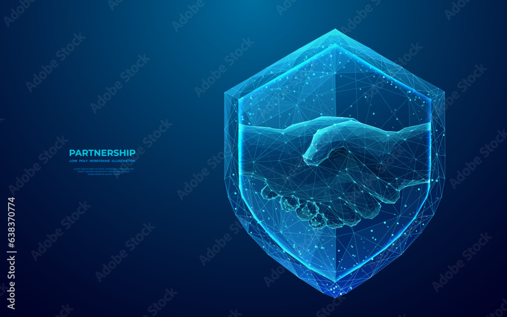 Poster safe deal concept in futuristic low poly wireframe style. abstract digital handshake on knight shiel