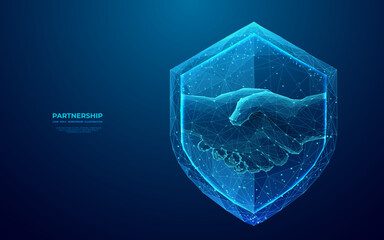 Safe deal concept in futuristic low poly wireframe style. Abstract digital handshake on knight shield technology background. Partnership, Best Deal vector illustration. Polygonal vector illustration.