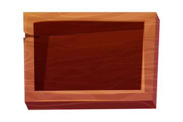 Wooden plank, frame game ui asset textured piece of board, button in cartoon style isolated on white background. frame for massage, decoration.