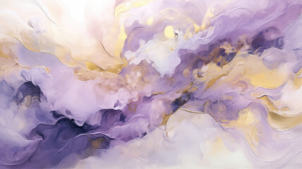 Beautiful abstract background of purple and gold marble liquid ink art painting. Luxury lavender liquid watercolor texture with golden stains. Pastel violet marble alcohol ink vector illustration.