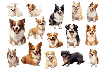 Multiple Set of Smiling Dogs Isolated on Transparent Background - Generative AI