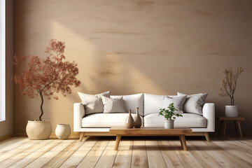 Modern living room with a couch or sofa, a table, plants and wooden floor, minimal lifestyle, empty wall, generative AI