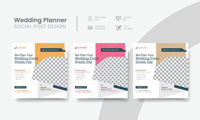 Luxurious Wedding planner social media post for event management online marketing. Styling Wedding planner social media ads design. Event management social media banner layout. Vol - 12