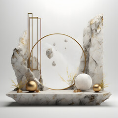 marble podium for product display with stones and gold frame
