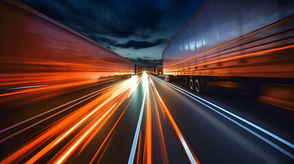 Fototapeta na wymiar Truck driving on highway at night, car headlight light trail speed motion blur,futuristic logistic transportation background. Generative AI