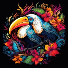 Fototapeta premium Toucan among flowers in colourful pop art style.
