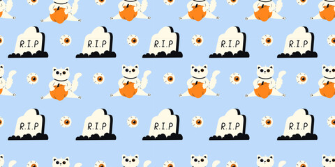 Cute Halloween seamless pattern with cat, tombstone and eyes on pink background. Halloween various elements. Pattern for wrapping paper and print design. Vector stock illustration in cartoon style.