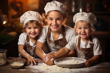 A Mother's Love Baking with Twins. Generative AI