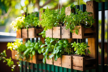 Fototapeta na wymiar Recycled pallets and hanging plants create a DIY vertical garden on an apartment balcony. Ideal solution for urban gardening, where space is limited.