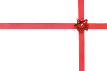 Red ribbons with bow on white background, top view