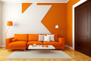 Living room orange and avangard white light orange sofa and door wall background. Modern home decor brown parquet and carpet design.