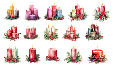 Varieties of cute watercolor Christmas candles and decorations Vector Illustrations