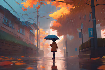 Rainy autumn scenery and a view of the child with an umbrella from afar Generative AI