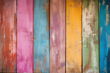 Trendy rainbow coloured old wooden wall, wooden background 