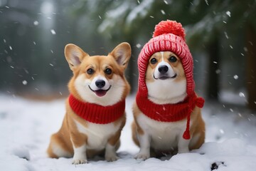 Corgi dog with a hat and scarf in the snow, winter pet material, Christmas pet, happy new year theme pet material