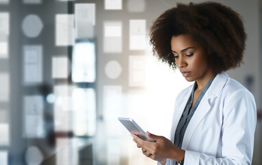 Female doctor using her mobile phone while reviewing medical reports in medical consultation, AI Generation