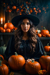 Spellbound Halloween Witch Conjuring Magic Amid Pumpkins