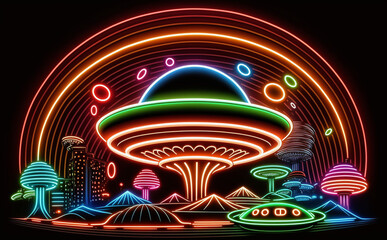 Obraz premium Neon sign, ufo in the night