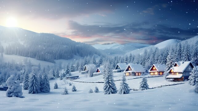 Background image of snow-covered red log cabin and pine forest, background image of Christmas cottage with blank creative space and snow scene theme, winter sale background, happy new year theme creat